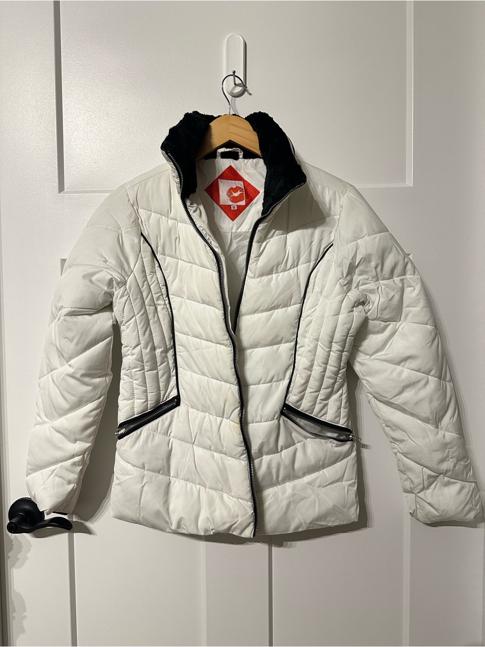 Ski Jacket Women White quilted puffer bomber down jacket with black trim